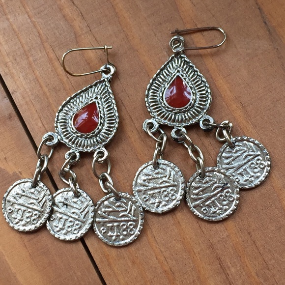 New Chandelier Drop Boho Earrings Red Silver Tone - Picture 3 of 4
